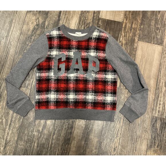 Gap Women’s Crew Neck Pullover Wool Blanket Front Spellout Red Plaid Large Shirt - Picture 1 of 6